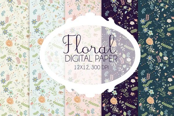 手绘花卉元素图案数码纸张素材 Floral digital paper
