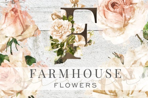 古典风格玫瑰/树叶/装饰字母/花环和花束剪贴画合集 Farmhouse Watercolor Flowers