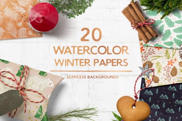 清新的冬季主题水彩无缝背景纹理素材 Watercolor Winter Seamless Patterns