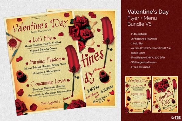 情人节主题传单+菜单PSD模板 V5 Valentines Day Flyer+Menu PSD V5