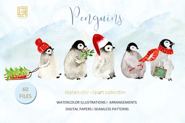 可爱的水彩手绘企鹅插图 Penguins. Watercolor illustrations