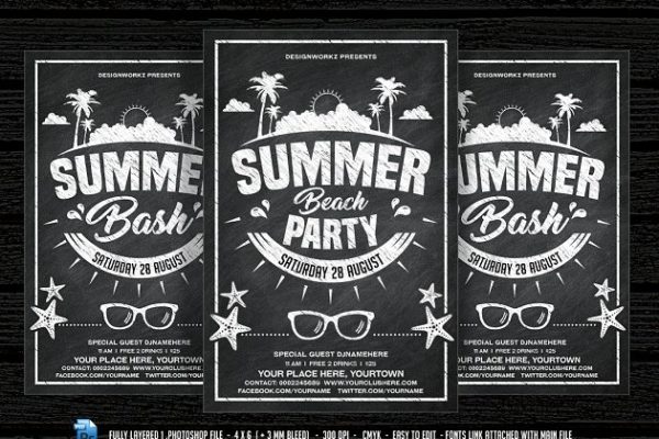 海滩派对黑板报海报宣传设计模板 Chalkboard Summer Beach Party