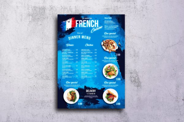 A3尺寸大小法式餐厅菜单海报设计模板 French Food Menu Design A3 Poster