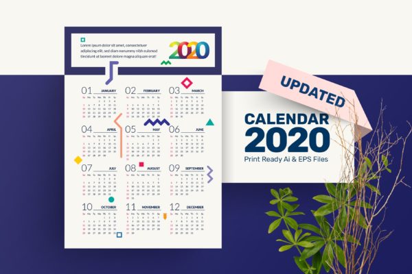 抽象几何设计风格2020年单页日历表设计模板 Geometric Calendar 2020