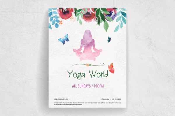 多彩水彩手绘设计风格瑜伽主题活动海报传单模板 Colorful Hand Painted Yoga World Flyer