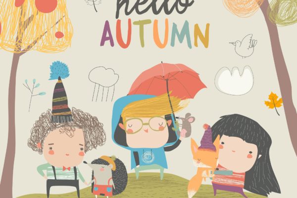 秋天儿童动物乐园主题水彩手绘图案设计素材 Cute children meeting autumn with little animals.