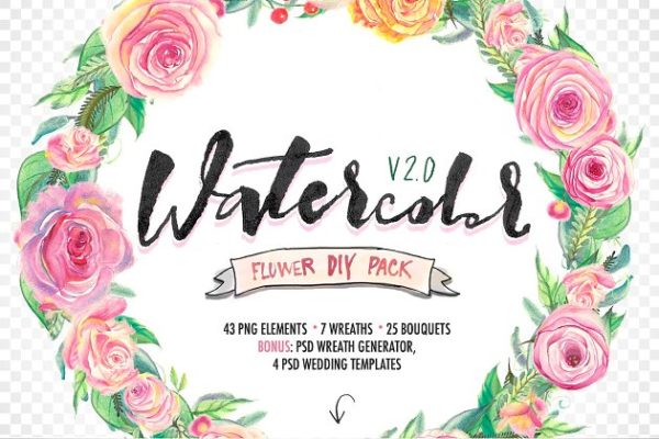 水彩花卉元素、花环&amp;婚礼模板 Watercolor flower DIY Pack2
