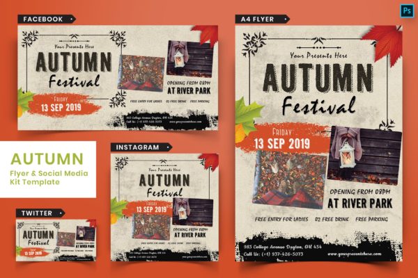 复古设计风格秋季节日主题传单设计和社交媒体素材包04 Autumn Festival Flyer &amp; Social Media Pack-04