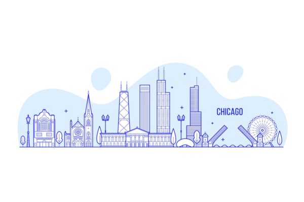 美国芝加哥城市天际线矢量插画 Chicago skyline, USA[AI, PNG, JPG]