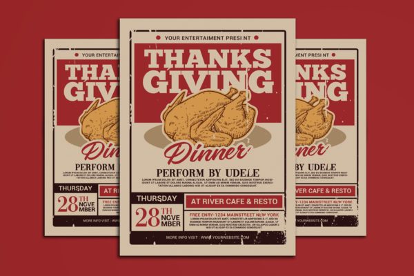 复古风感恩节晚宴活动海报传单模板 Thanksgiving Dinner Flyer