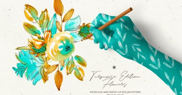 水彩手绘花卉剪贴画和无缝图案纹理 Turquoise Edition Flowers