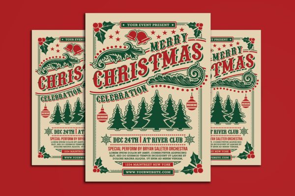 圣诞节庆祝活动复古海报传单设计模板 Christmas Celebration Flyer