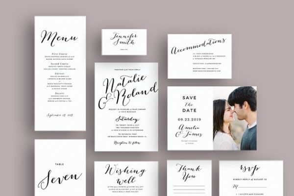 简约文字排版婚礼邀请函设计模板 Typography script wedding invite set