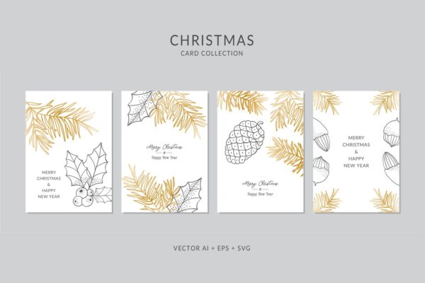 圣诞节元素线条手绘图案圣诞节贺卡模板 Christmas Greeting Card Vector Set