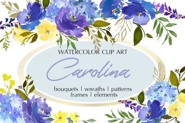 皇家蓝色水彩花卉剪贴画 Royal Blue Watercolor Floral Clipart
