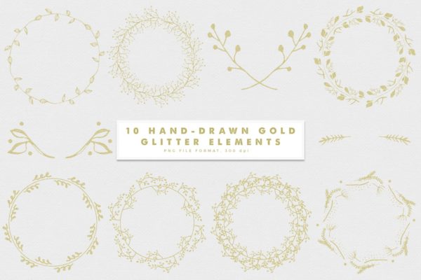10款粉金色彩手绘有机植物图案剪贴画v2 Gold-2 Glitter Hand-Drawn Elements