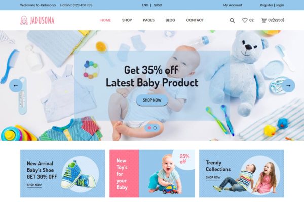 婴幼服饰玩具电商网站Bootstrap模板16图库精选 Jadusona &#8211; eCommerce Baby Shop Bootstrap4 Template