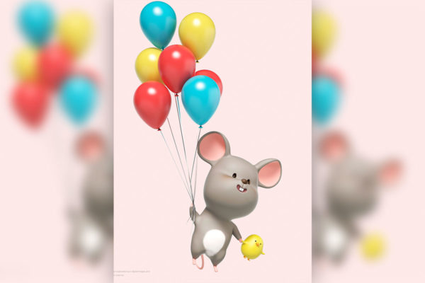 可爱的3D老鼠&#038;气球psd设计素材