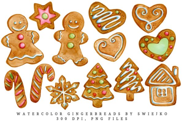 圣诞主题装饰元素水彩剪贴画 Gingerbread illustration, watercolor clipart