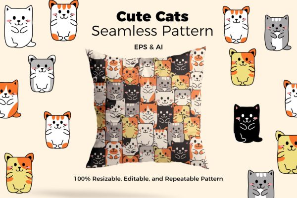 可爱卡通猫手绘图案纹样背景素材 Cats Pattern