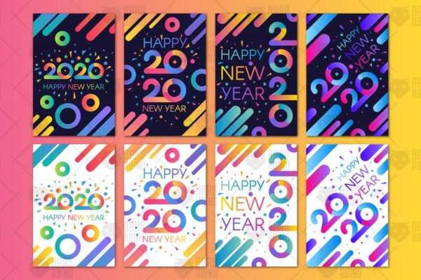 渐变色线条艺术2020年新年主题Banner设计模板 Modern Happy 2020 New Year Banners Set