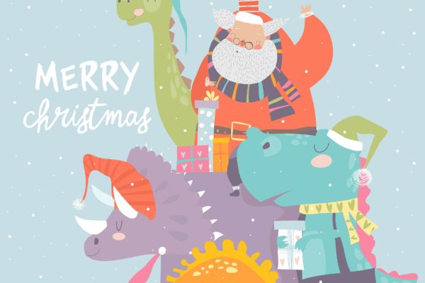 骑恐龙送礼物的卡通圣诞老人矢量手绘素材 Cartoon Santa Claus with gifts sitting on dinosaur