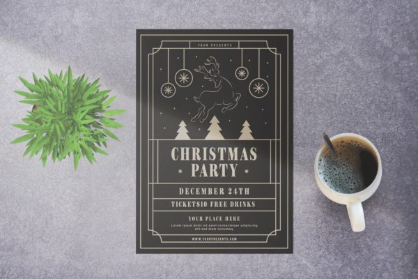 简约线条框设计风格圣诞节派对海报传单模板 Christmas Party