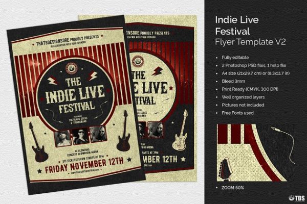 独立音乐节派对传单PSD模板v2 Indie Live Festival Flyer PSD V2