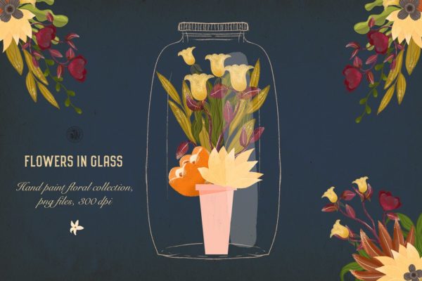时尚逼真花卉玻璃罐插画艺术 Flowers in Glass