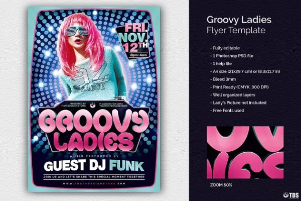 DJ音乐狂欢派对宣传传单PSD模板 Groovy Ladies Flyer PSD