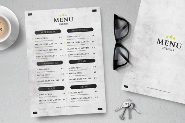 经典简约版式风格西餐菜单菜牌设计模板 Food Menu