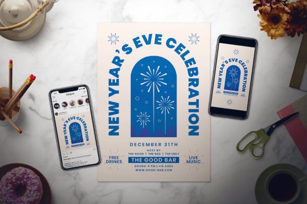 酒吧新年庆祝活动海报传单设计模板 New Year Flyer Set