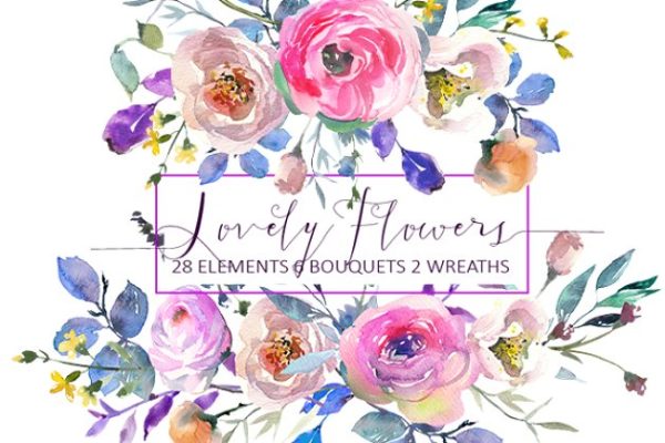 粉红水彩花卉设计素材集 Pink Watercolor Flowers Collection