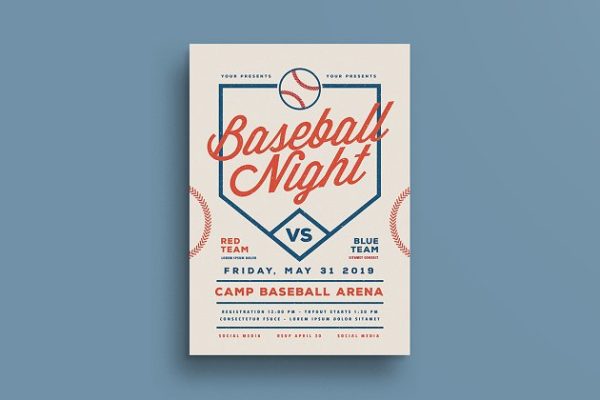 篮球之夜体育活动宣传海报设计模板 Baseball Night Flyer