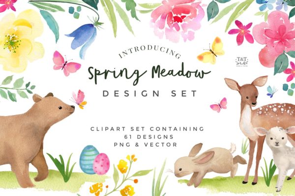 春天的大自然水彩剪贴画合集 Clipart Set &#8211; Spring Meadow