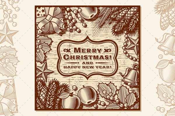 复古棕色风格圣诞节贺卡设计模板 Christmas Retro Card Brown