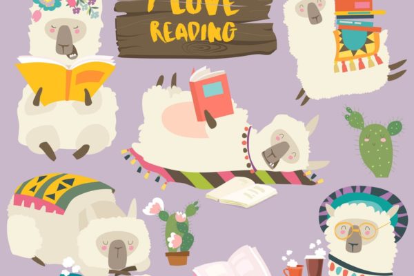 可爱的读书的骆驼羊驼卡通形象矢量插画 Funny cartoon llamas alpaca reading books. Vector