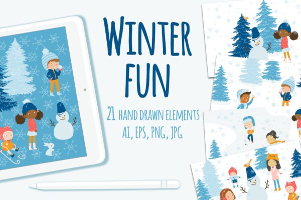 冬天儿童乐园矢量插画设计素材 Winter Fun Vector Graphic Set