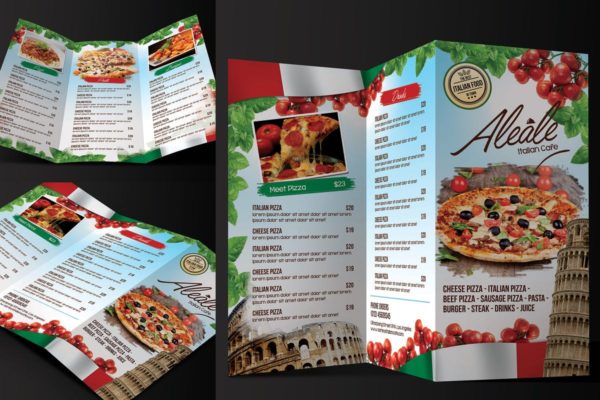 三折页意大利餐厅菜单设计PSD模板 Italian Food Menu Trifold