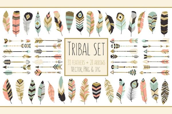 59个美丽的部落箭头艺术羽毛剪贴画 59 Arrows &amp; Feathers Tribal Clipart