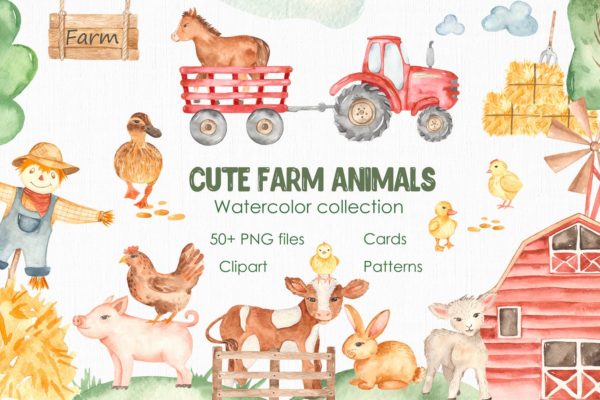 可爱农场动物水彩剪贴画素材包 Watercolor cute farm animals. Collection clipart