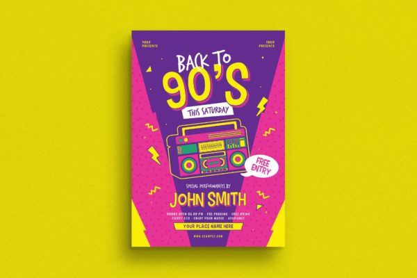 90年代广播音乐主题孟菲斯风格海报传单设计模板 90s Radio Music Flyer