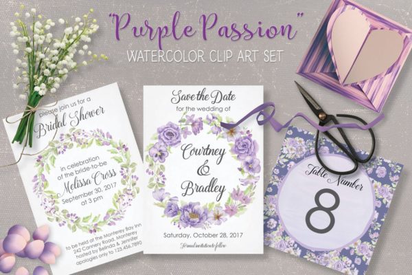 紫色水彩手绘花卉图案剪贴画PNG素材套装 Purple Passion: Watercolor Clip Art Bundle