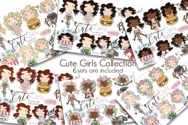 可爱女孩和独角兽女孩卡通形象插画 Cute Girls &amp; Unicorn Girl Collection
