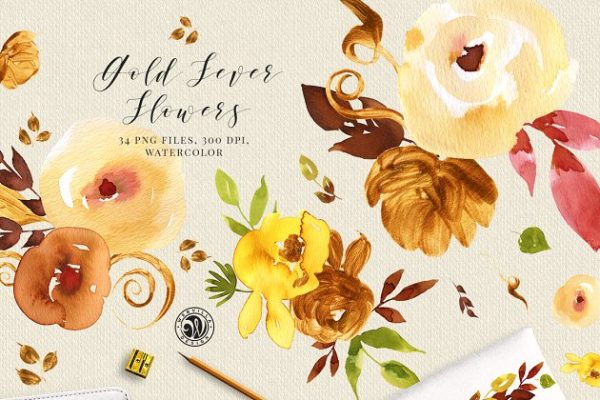 金色手绘水彩画插画 Gold Fever Flowers