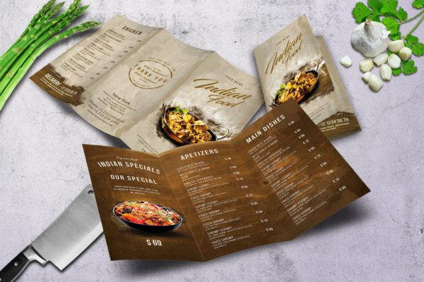 印度咖喱主题餐厅三折页食物菜单模板 Indian A4 &amp; US Letter Trifold Food Menu