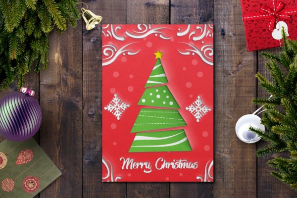 剪纸艺术圣诞树圣诞节贺卡设计模板 Christmas Card Template