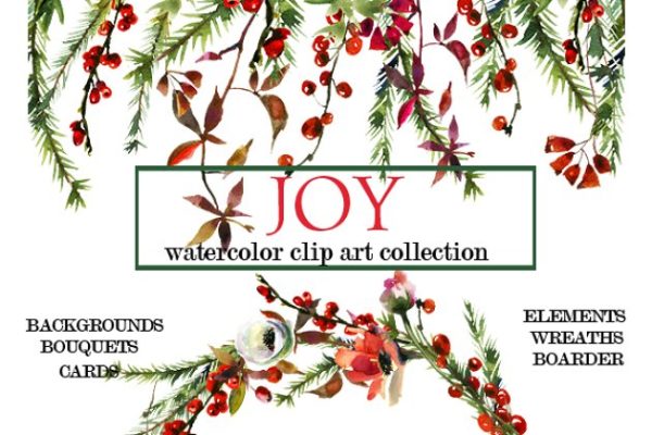 圣诞主题水彩花卉素材集 Watercolor Christmas Floral Set