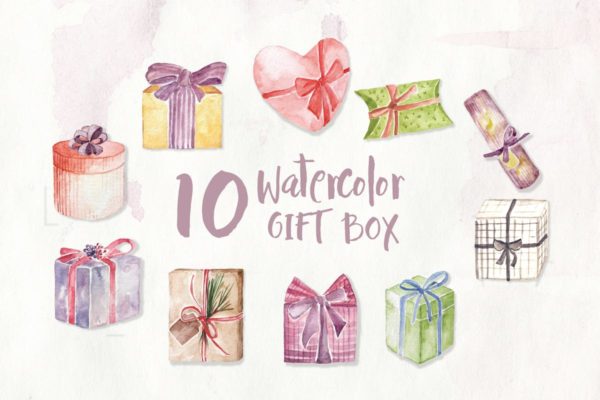 10款礼品盒装饰元素水彩插画 10 Watercolor Gift Box Illustration Graphics
