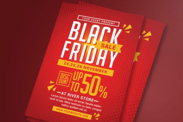 大红色背景黒五购物节促销广告海报模板 Black Friday Sale Flyer